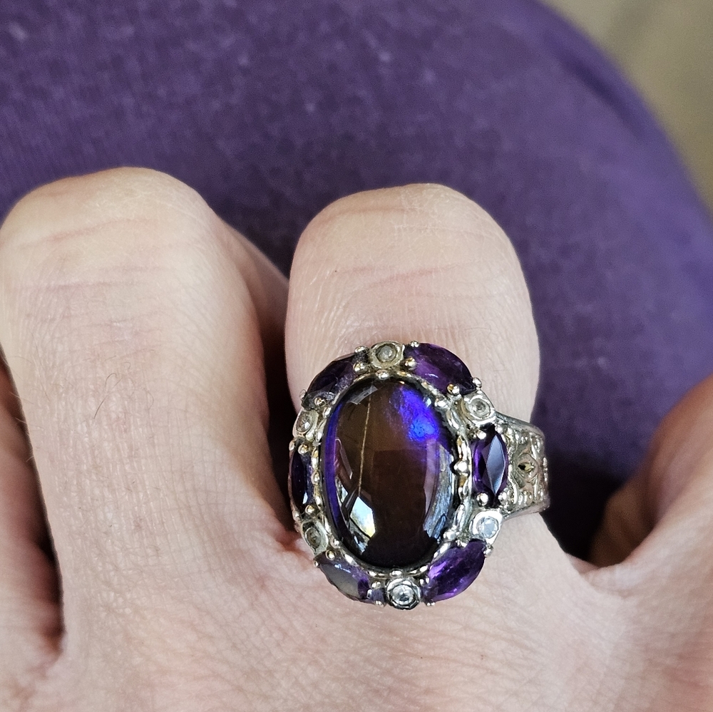 Vintage ✨️ Ammolite & Amethyst Ring in Palladium Sterling Silver Sz 6! - Picture 11 of 12